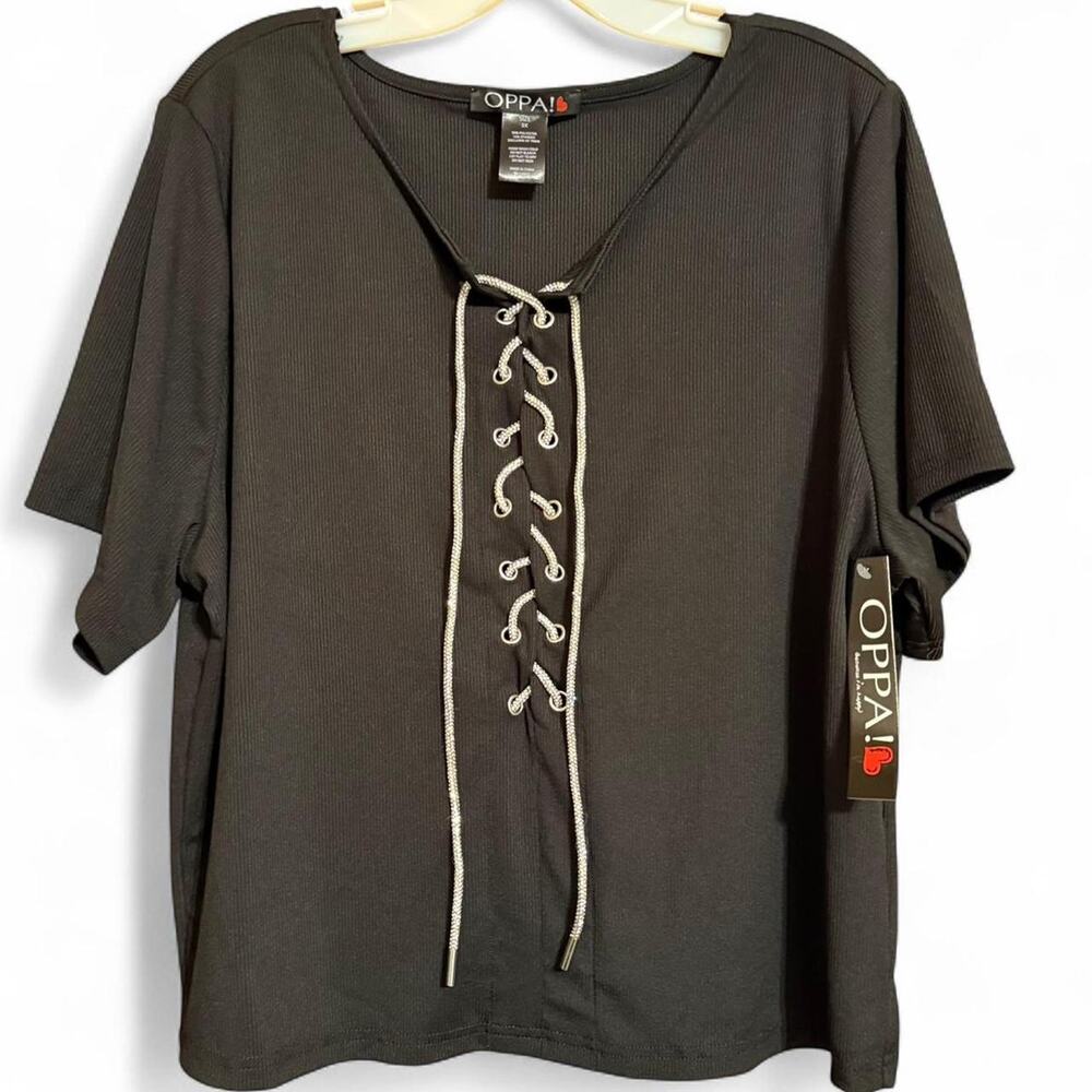 Black Rhinestones Lace-Up Ribbed top -3X